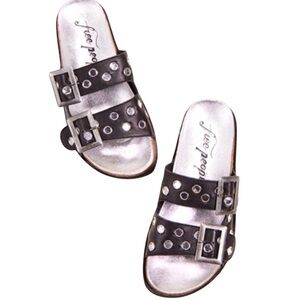 Free People Bali Footbed Sandals Black Leather Studs Double Strap Size 7/37